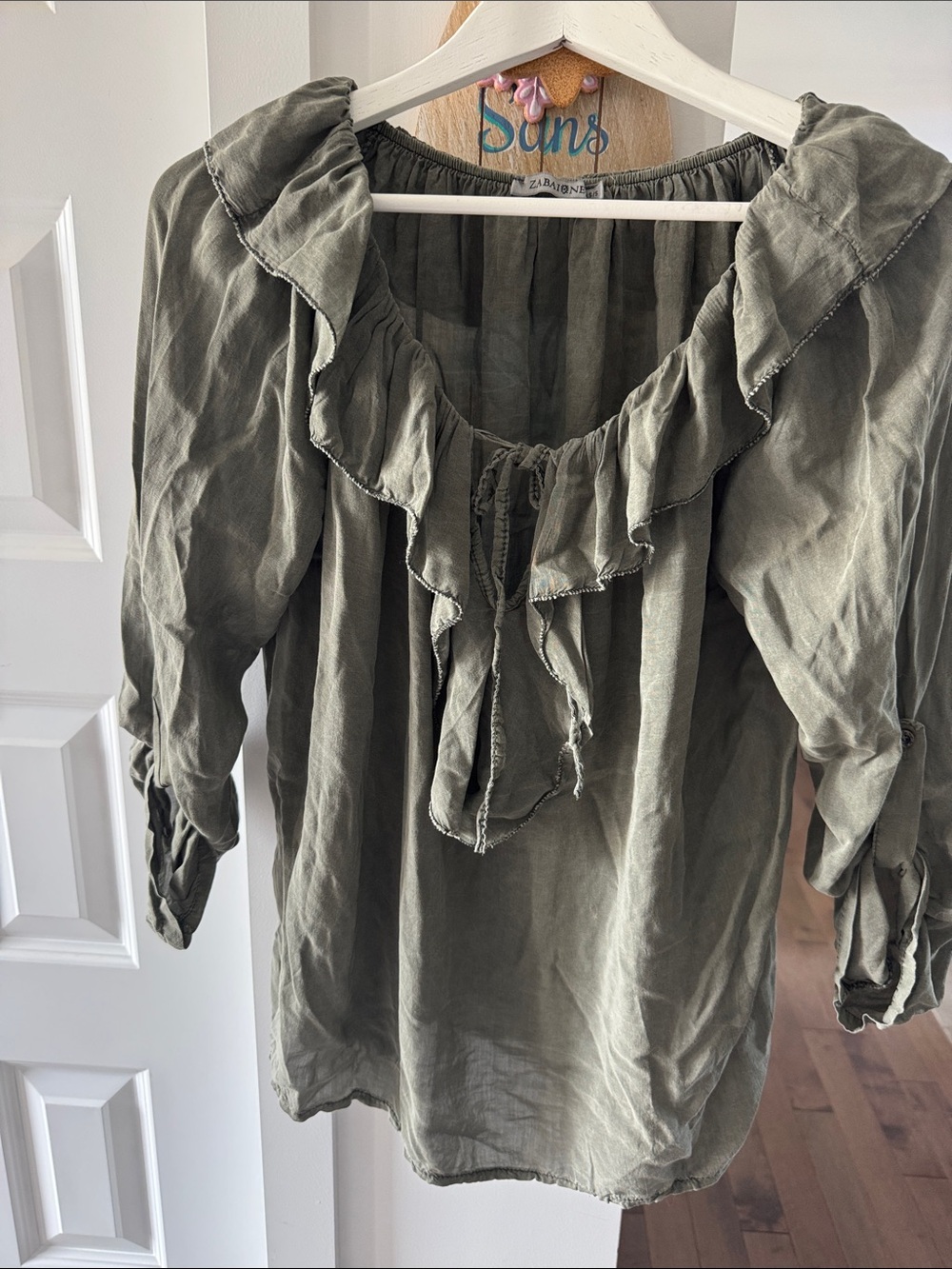 Olive Ruffle-Neck Women's Top size xs/s,,,but oversized